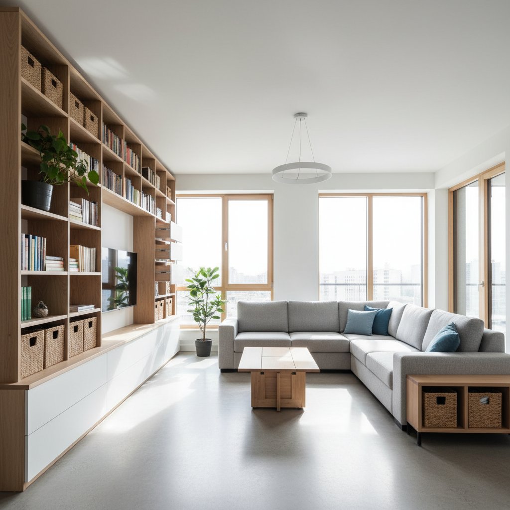 Modern apartment interior with organized living space and practical storage solutions